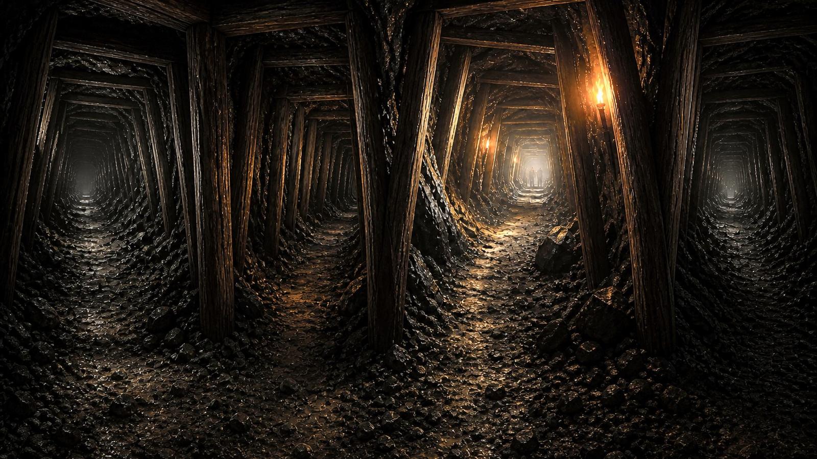 A timbered mine junction of several tunnels; a side path sits between the first shafts, and only one recedes toward a faint warm light.