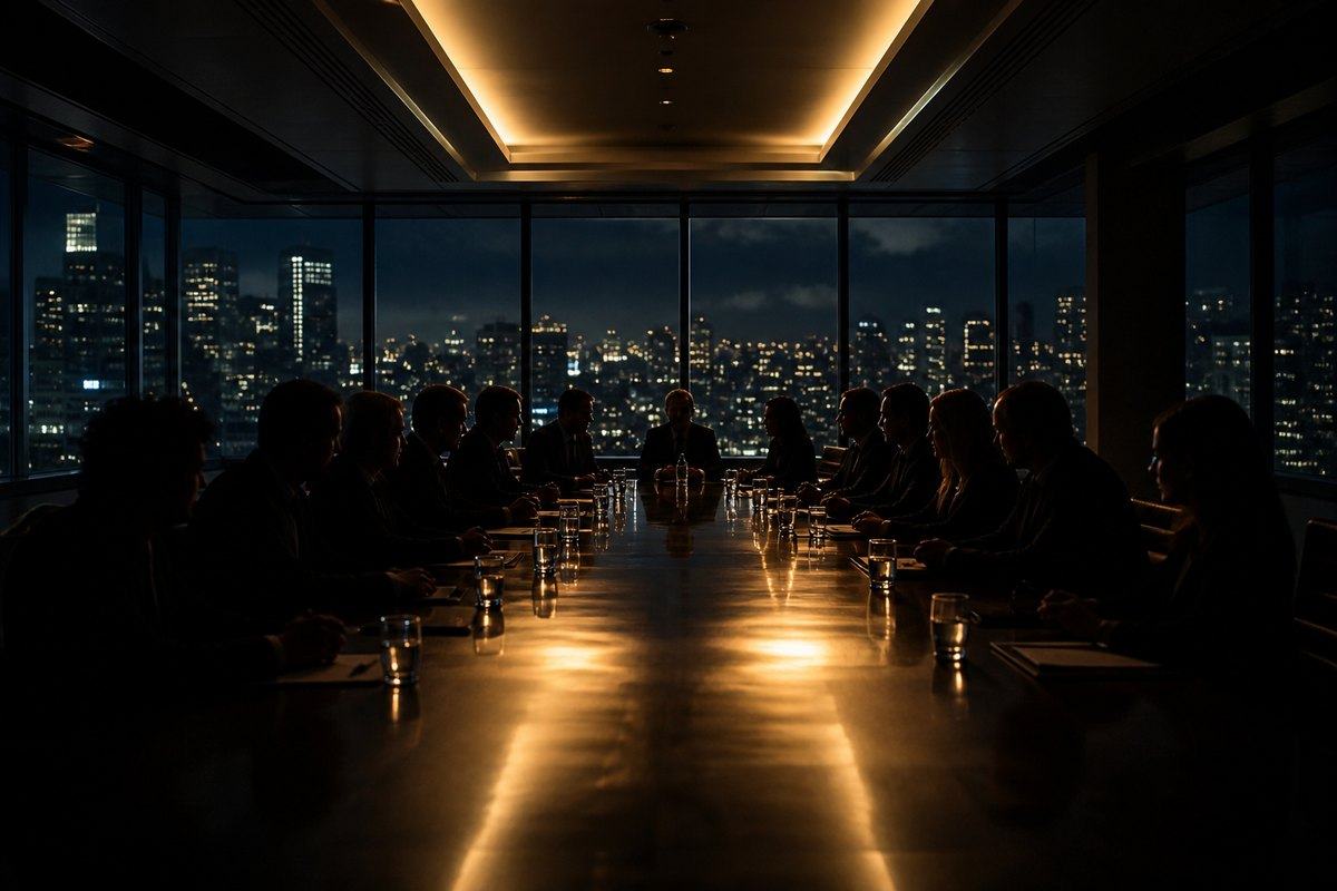 Many stakeholders around a long boardroom table.