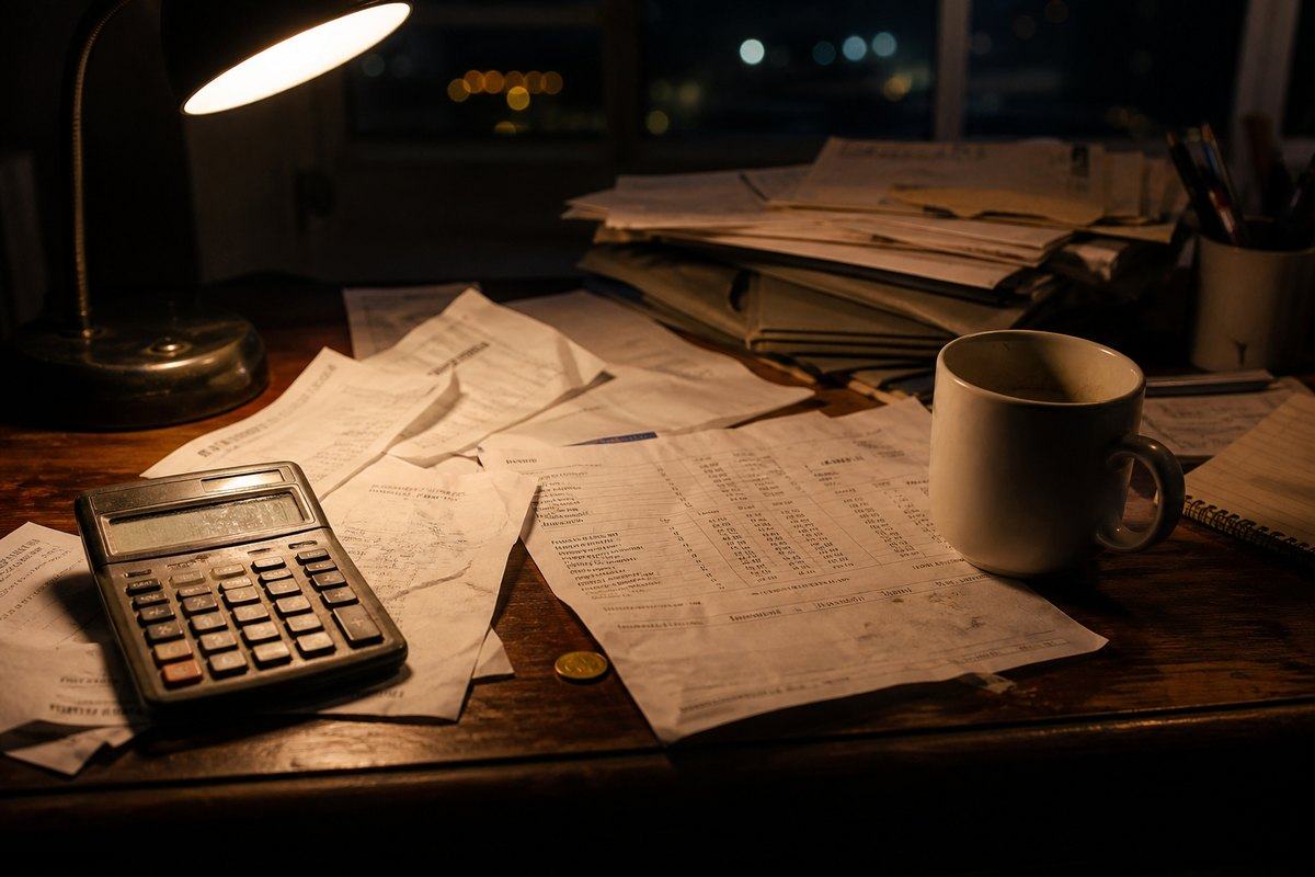 A worn desk of invoices, a calculator, and thin resources.