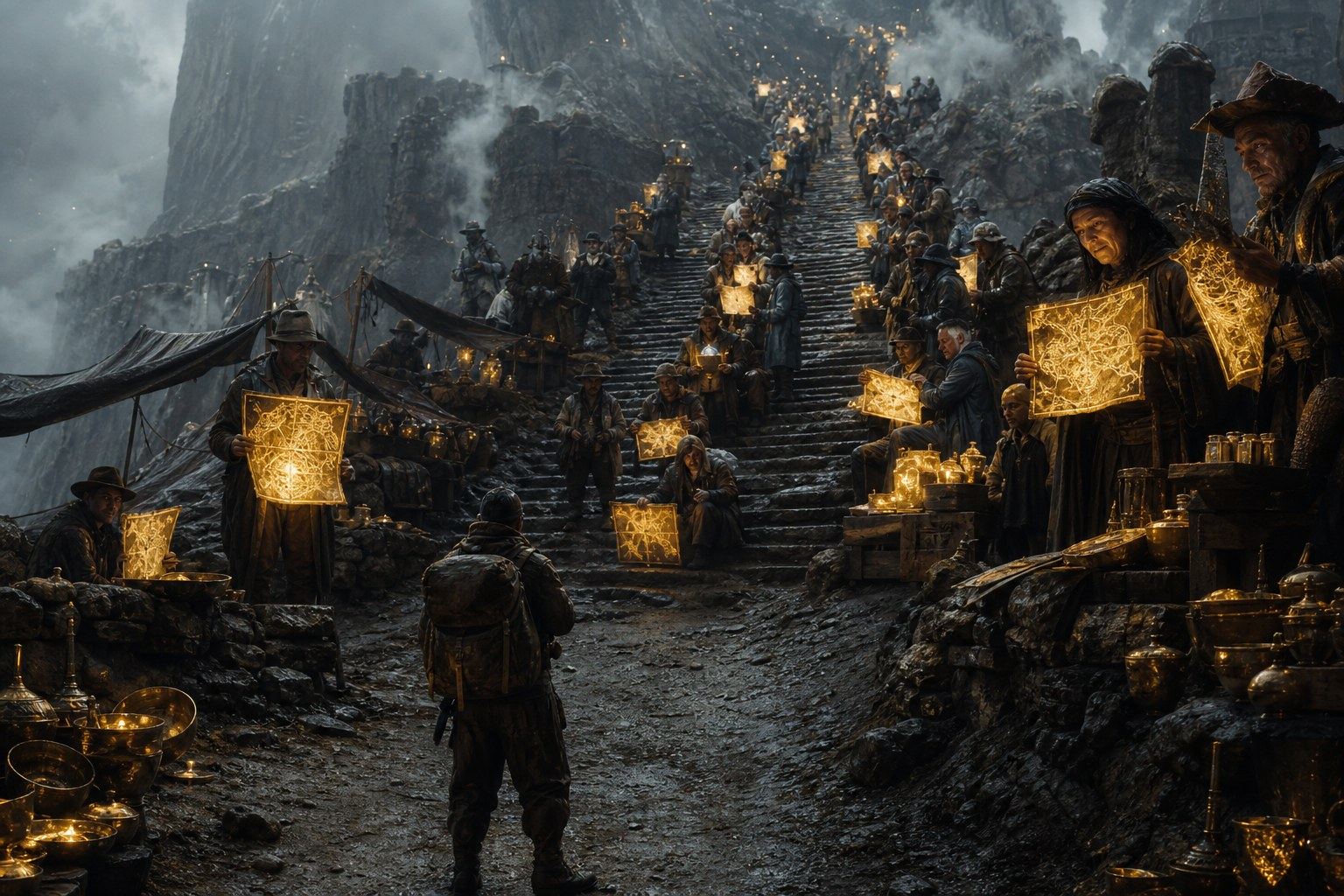 A mountain path crowded with people selling maps.