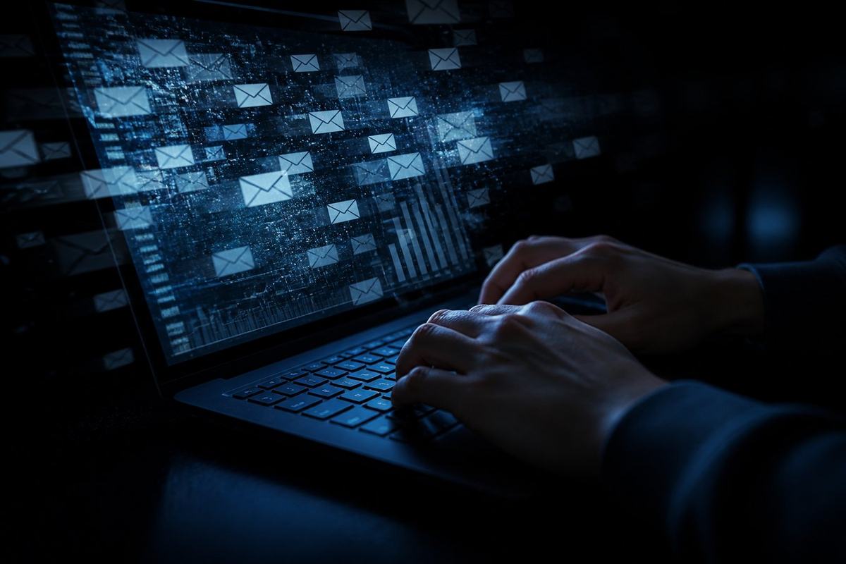 A laptop screen crowded with mail and charts.