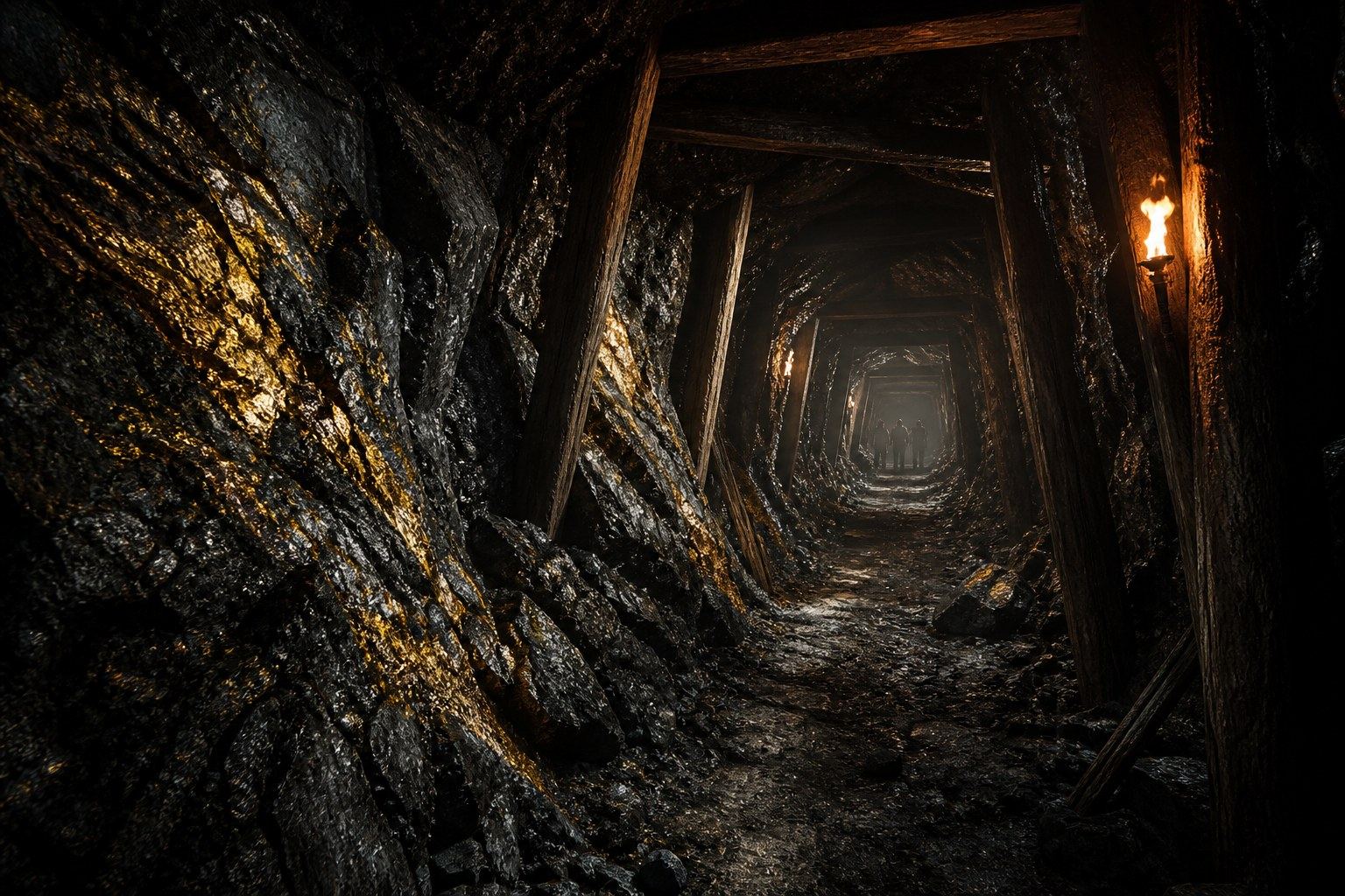 A gold vein glowing deep inside a timbered mine shaft.