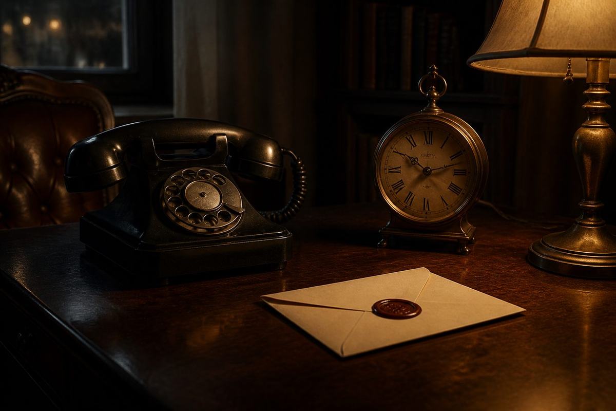 A rotary telephone and an unopened letter waiting on a desk.